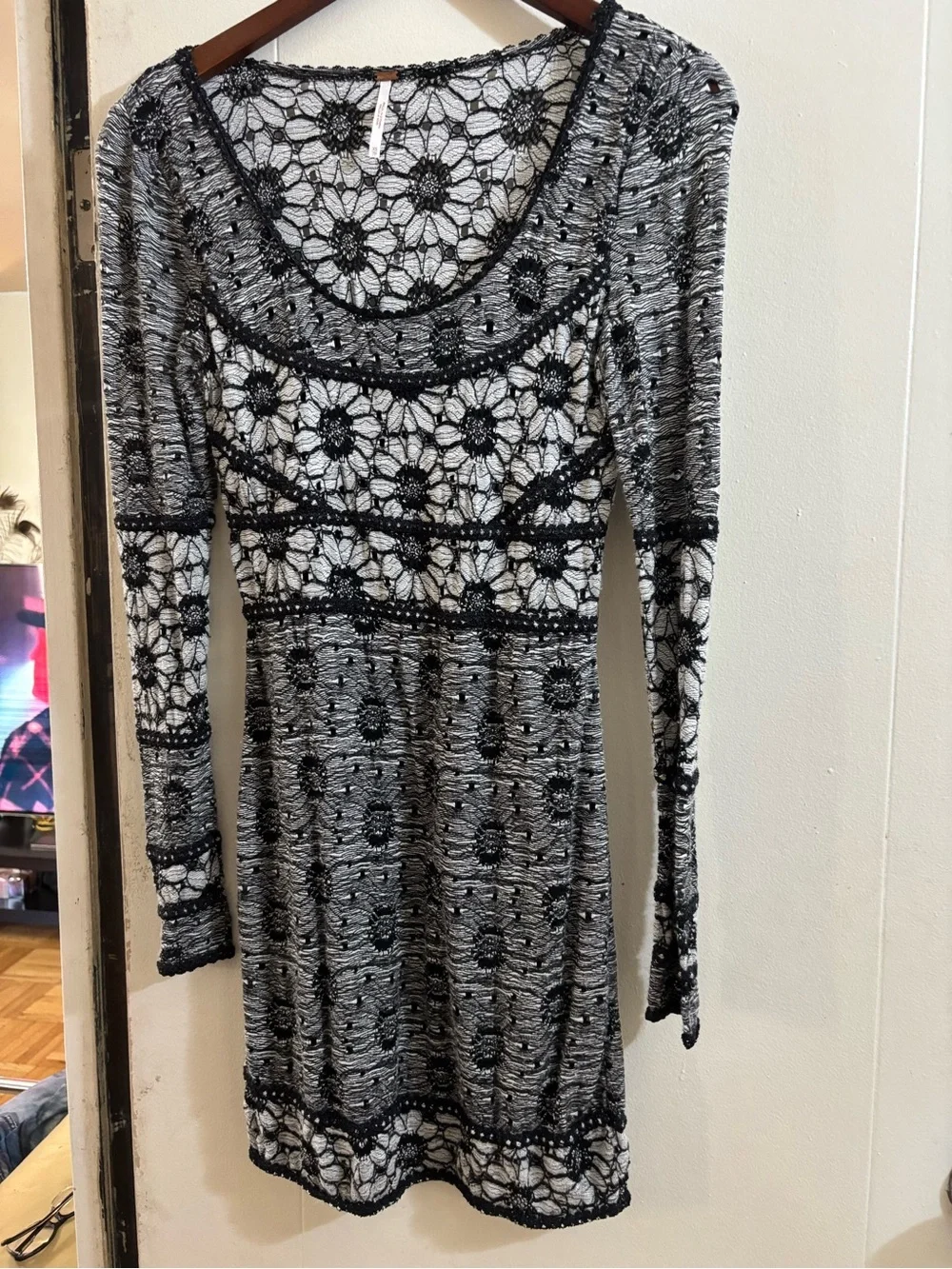 Free People Black and White Crochet Lace Long Sleeve Dress
